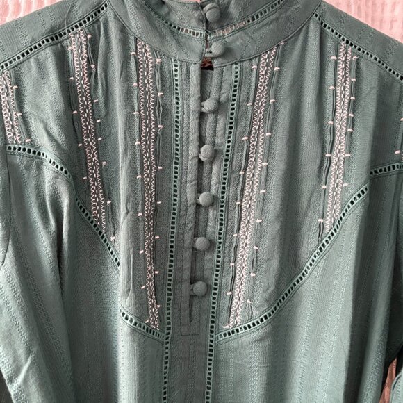 Ex Voto Sutton emerald green embroidered belted cotton maxidress women's small - Picture 7 of 11